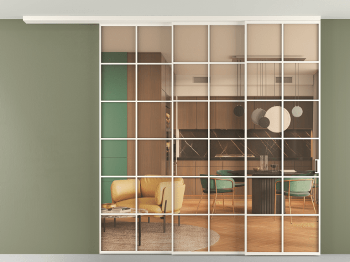 Перегородка Formato вдоль стены на потолок 3 створки с синхронным механизмом АЛПР 040.05 Алюминий пудровый белый Прозрачное оранжевое стекло, триплекс Цена 3180900 AMD | Volhovec