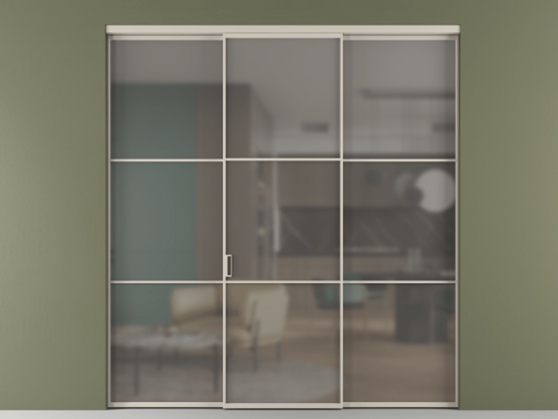 Перегородка Формато внутри проёма 3 створки АЛПР 040.03 Алюминий светло-бежевый Сатинированное серое стекло, триплекс Цена 1600180 AMD | Volhovec