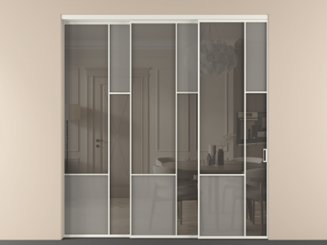 Перегородка Мозаик внутри проёма 3 створки с синхронным механизмом АЛПР 041.12 Алюминий жемчужный Сатинированное серое стекло, триплекс, 6 мм + Прозрачное серое стекло, триплекс Цена 2949760 AMD | Volhovec