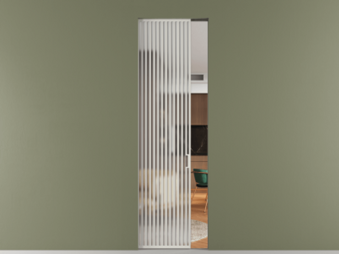 Перегородка Формато скрытый пенал 1 створка АЛПР 040.06 Алюминий Белый Сатинированное стекло "Мателюкс Кристал Вижн", калёное, матовое, каленое 6 мм Цена 1574990 AMD | Volhovec