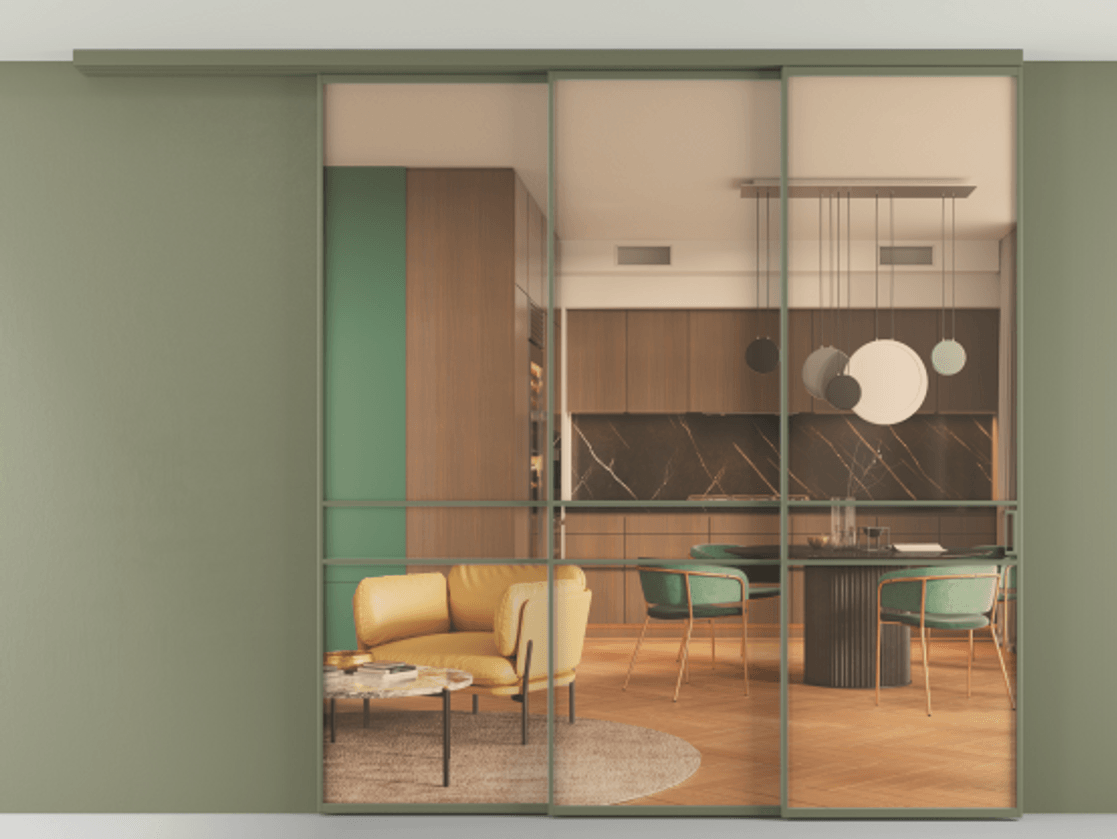 Перегородка Formato вдоль стены на потолок 3 створки с синхронным механизмом АЛПР 040.02 Алюминий оливковый тёмный Прозрачное оранжевое стекло, триплекс Цена 2673100 AMD | Volhovec