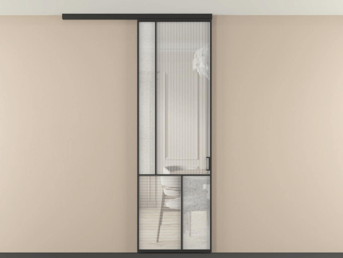 Перегородка Mosaic вдоль стены на потолок 1 створка АЛПР 041.20 Алюминий Черный Рифлёное стекло "Дюна", триплекс, 6 мм + Фактурное стекло "Лёд", триплекс Цена 927700 AMD | Volhovec