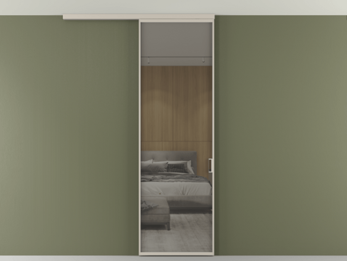 Перегородка Formato вдоль стены на потолок 1 створка АЛПР 040.01 Алюминий светло-бежевый Рефлективное серое стекло "Стопсол", калёное Цена 806380 AMD | Volhovec