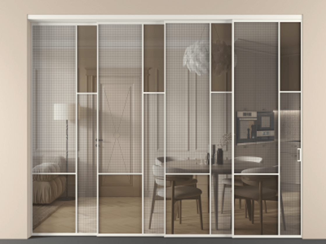 Перегородка Mosaic внутри проёма телескопик синхро 3 АЛПР 041.12 Алюминий Белый Декоративное стекло с сеткой "Mesh silver", триплекс, 6 мм + Прозрачное бронзовое стекло, триплекс, 6 мм Цена 3724170 AMD | Volhovec