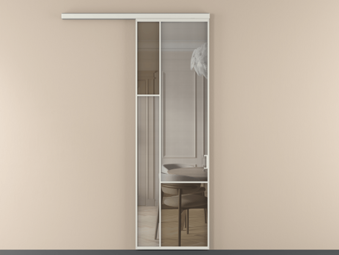 Перегородка Mosaic вдоль стены 1 створка АЛПР 041.13 Алюминий серый Декоративное стекло с сеткой "Mesh silver", триплекс, 6 мм + Прозрачное бронзовое стекло, триплекс Цена 964590 AMD | Volhovec