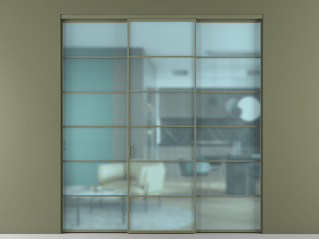 Перегородка Formato внутри проёма 3 створки АЛПР 040.04 Алюминий оливковый тёмный Сатинированное голубое стекло, триплекс Цена 1718500 AMD | Volhovec