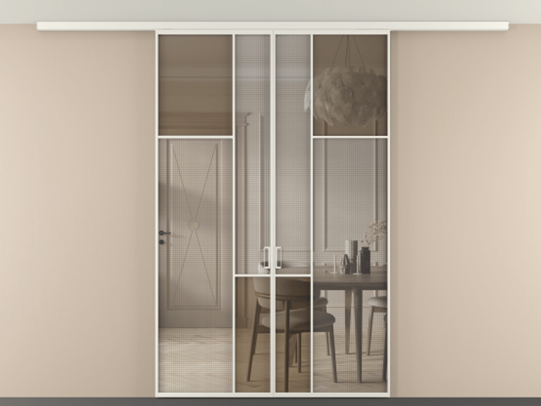 Перегородка Mosaic вдоль стены на потолок двустворчатая АЛПР 041.11 Алюминий Белый Декоративное стекло с сеткой "Mesh silver", триплекс, 6 мм + Прозрачное бронзовое стекло, триплекс, 6 мм Цена 249920 ₽ | Volhovec