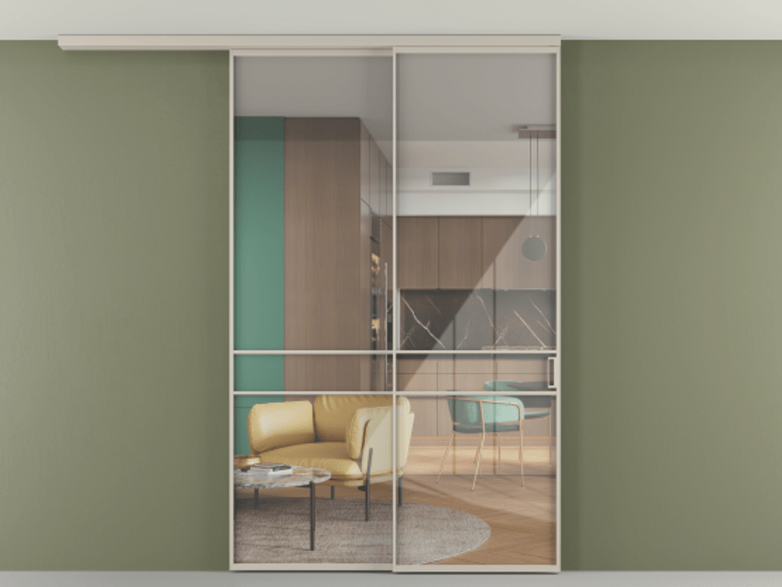 Перегородка Формато вдоль стены на потолок 2 створки с синхронным механизмом АЛПР 040.02 Алюминий светло-бежевый Рефлективное прозрачное стекло "Стопсол", калёное Цена 1960990 AMD | Volhovec