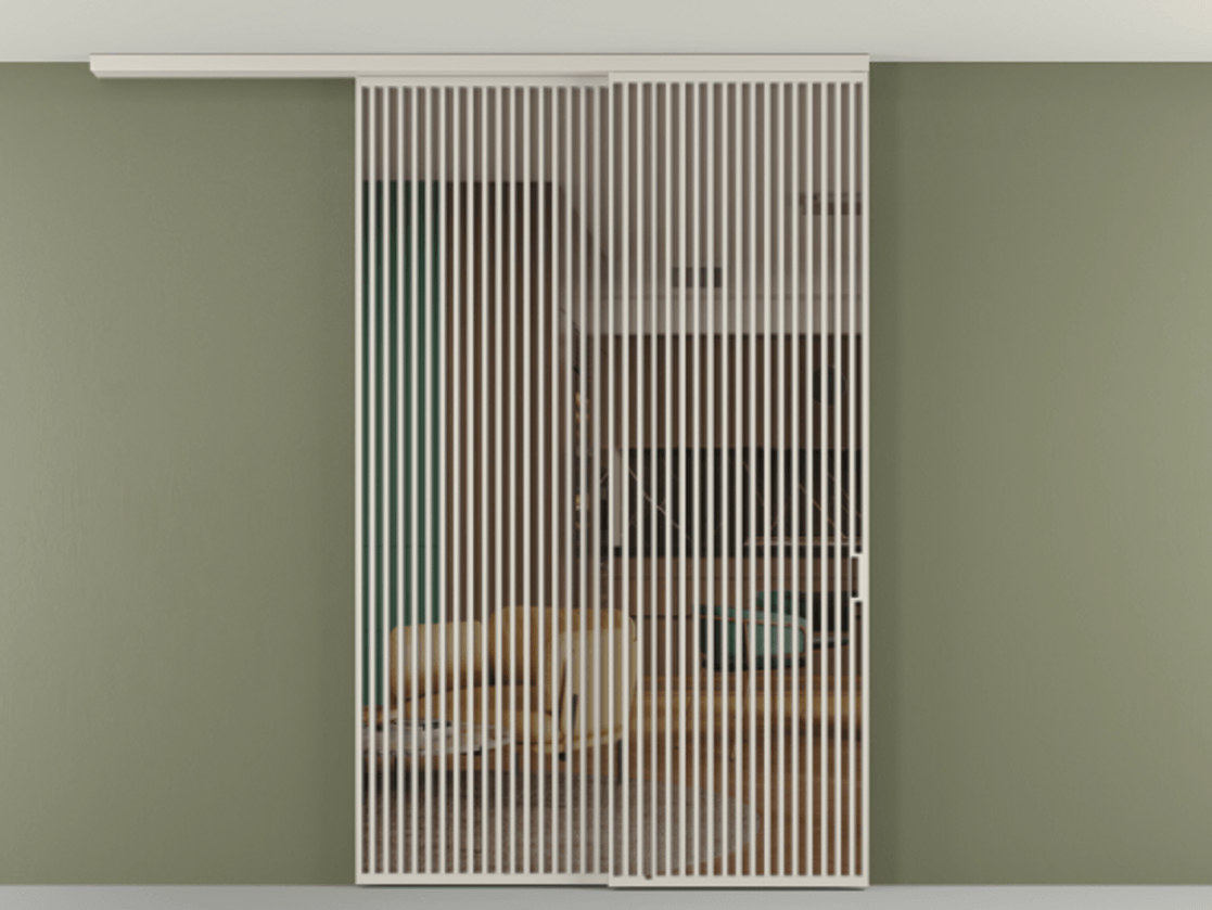 Перегородка Формато вдоль стены на потолок 2 створки с синхронным механизмом АЛПР 040.06 Алюминий облачно-серый Прозрачное бронзовое стекло, триплекс Цена 450456 ₽ | Volhovec