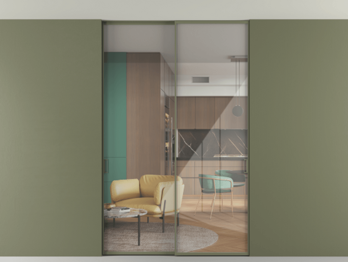 Перегородка Formato внутри проёма скрытое крепление в потолок 2 створки АЛПР 040.01 Алюминий оливковый тёмный Рефлективное прозрачное стекло "Stopsol", калёное Цена 1980310 AMD | Volhovec