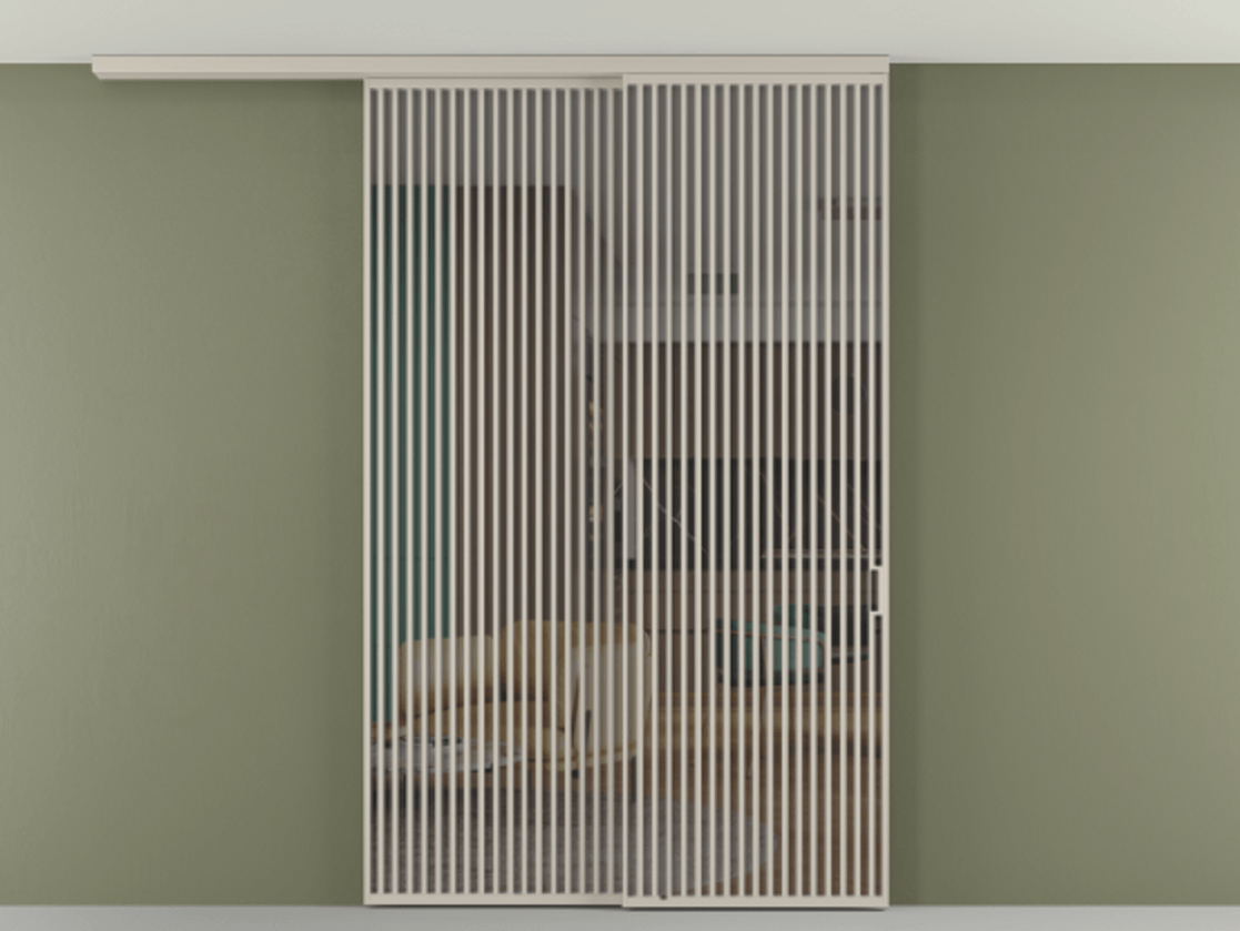 Перегородка Формато вдоль стены на потолок 2 створки с синхронным механизмом АЛПР 040.06 Алюминий светло-бежевый Прозрачное серое стекло, триплекс Цена 3037880 AMD | Volhovec