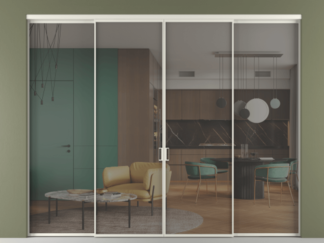 Перегородка Formato внутри проёма четырёхстворчатая АЛПР 040.01 Алюминий Белый Прозрачное серое стекло, триплекс, 6 мм. Скрытый короб БЕЛ Цена 373560 ₽ 1. Полотно 4 шт. (800/2100 мм)
2. Комплект установки раздвижной системы
3. Базовый комплект фурнитуры
4.Ручка RONDO. Фабрика дверей Волховец 8 (800) 551 43 19 Перегородка Formato внутри проёма четырёхстворчатая АЛПР 040.01 Алюминий Белый Прозрачное серое стекло, триплекс, 6 мм Цена 373560 ₽ | Volhovec