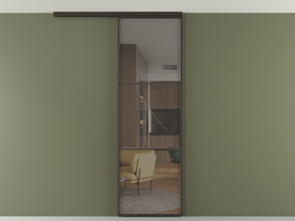 Перегородка Формато вдоль стены на потолок 1 створка АЛПР 040.03 Алюминий антрацит Прозрачное серое стекло, триплекс Цена 147040 сом | Volhovec