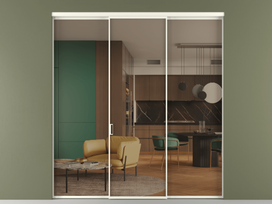 Перегородка Formato внутри проёма 3 створки АЛПР 040.01 Алюминий жемчужный Прозрачное бронзовое стекло, триплекс Цена 1518240 AMD | Volhovec