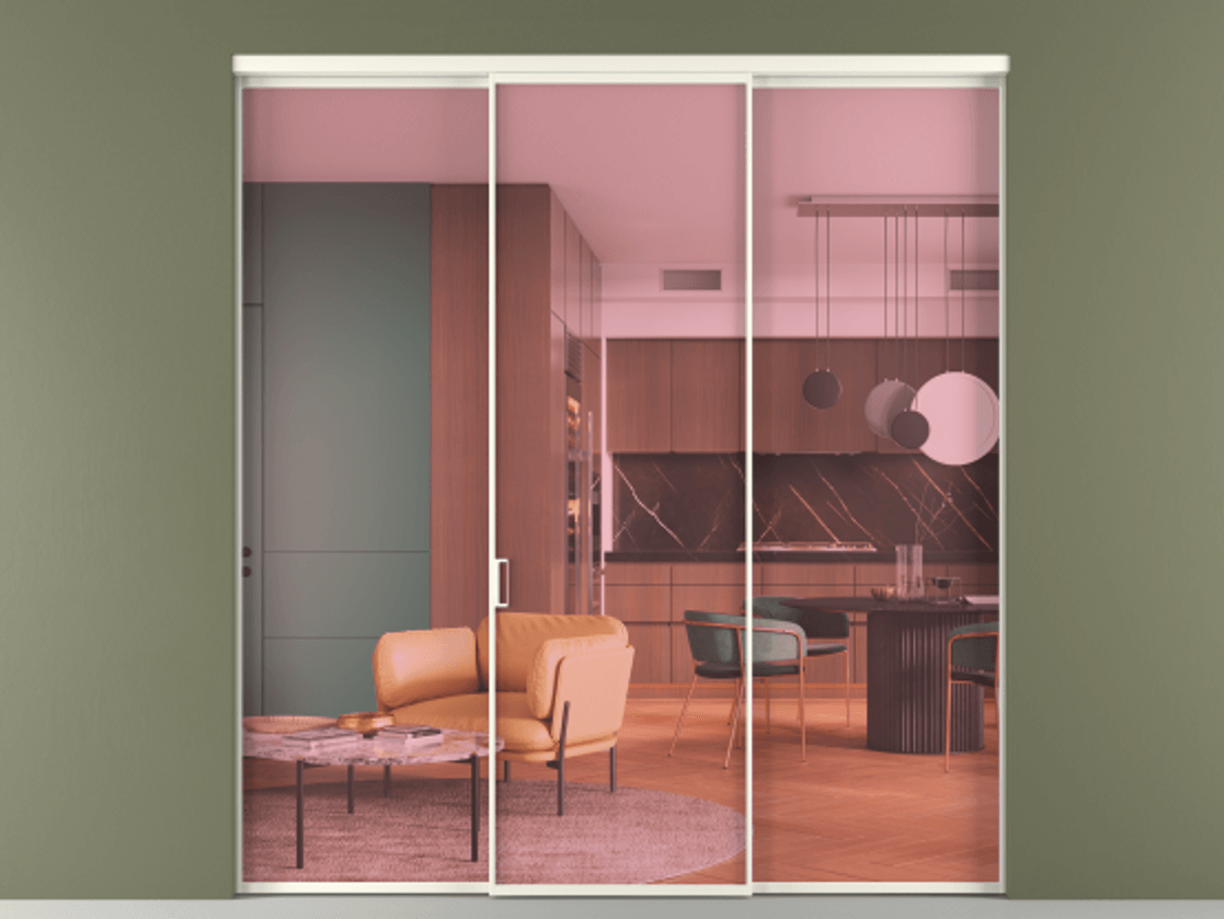 Перегородка Формато внутри проёма 3 створки АЛПР 040.01 Алюминий жемчужный Прозрачное розовое стекло, триплекс Цена 1518200 AMD | Volhovec