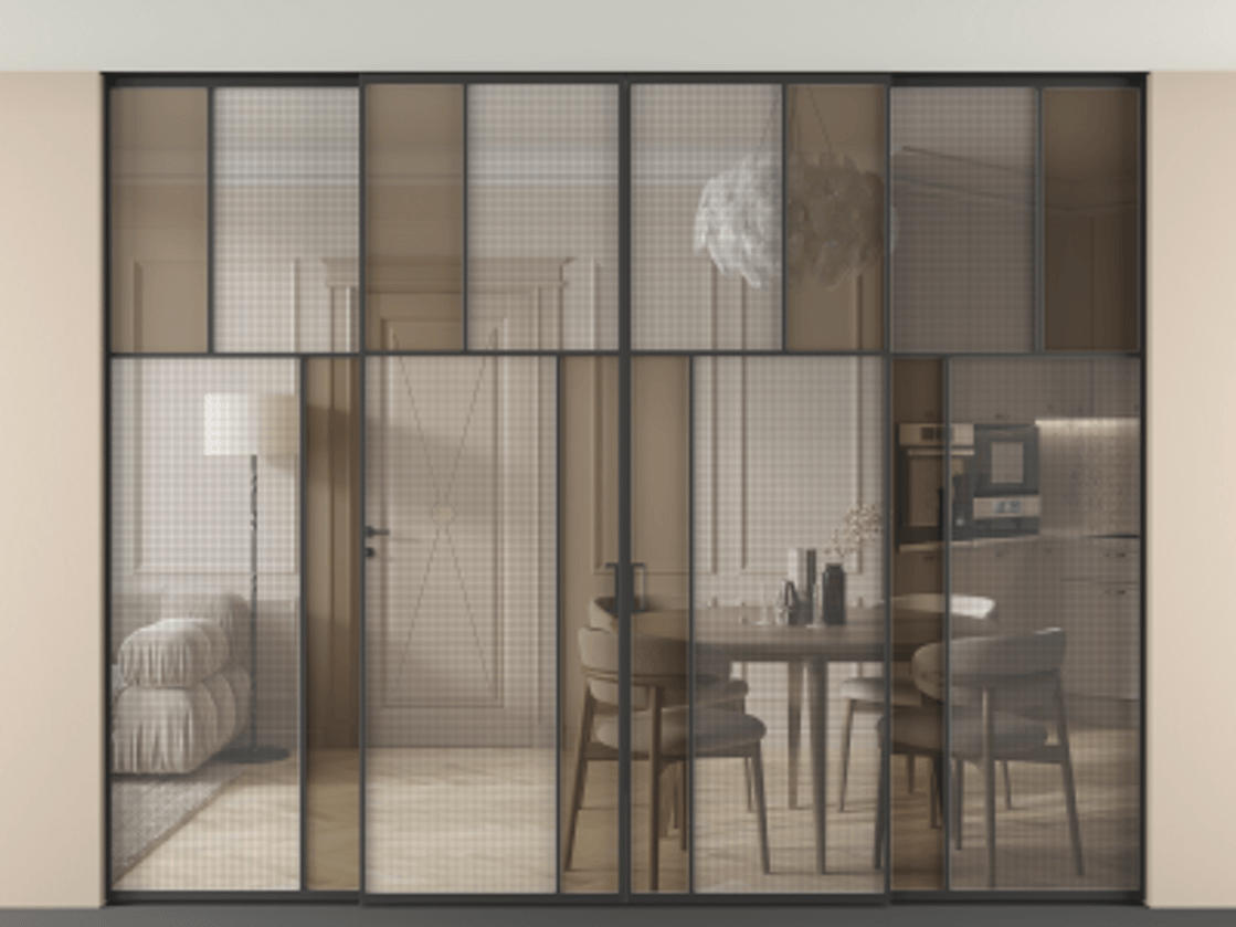 Перегородка Mosaic внутри проёма четырёхстворчатая со скрытым креплением в потолок АЛПР 041.22 Алюминий Черный Декоративное стекло с сеткой "Mesh silver", триплекс, 6 мм + Прозрачное бронзовое стекло, триплекс, 6 мм Цена 621980 ₽ | Volhovec