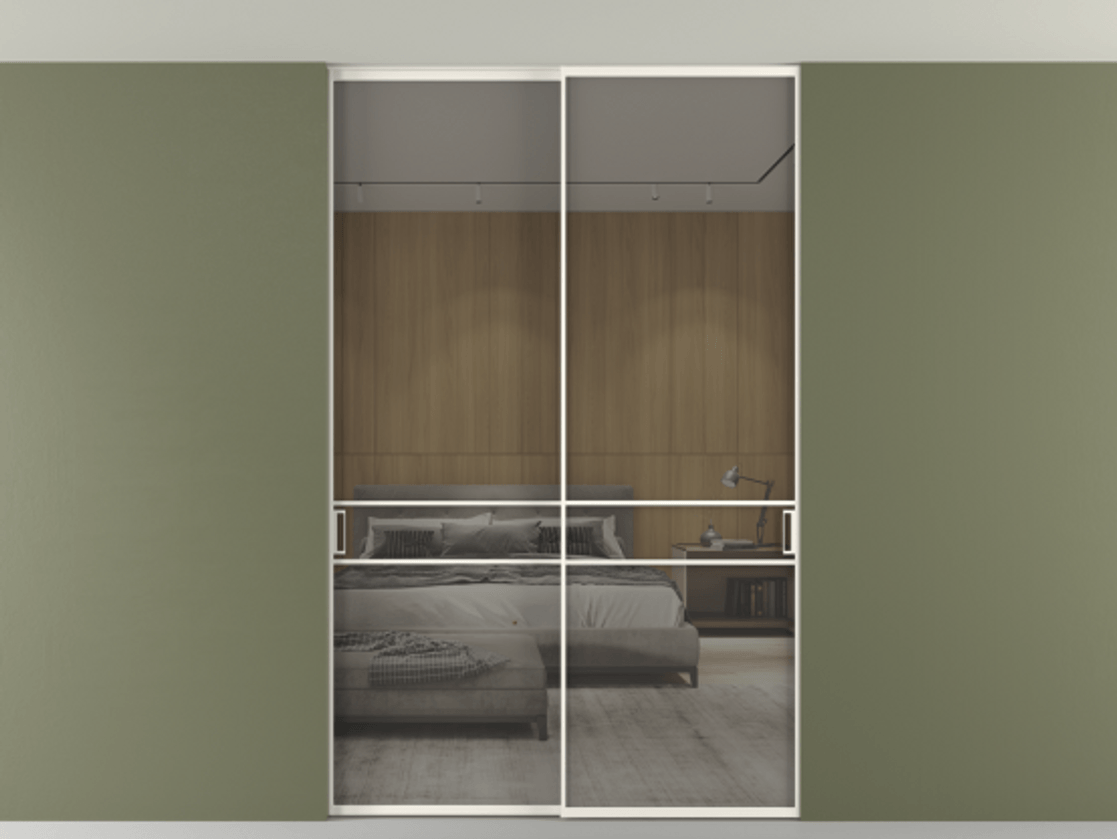 Перегородка Формато внутри проёма скрытое крепление в потолок 2 створки АЛПР 040.02 Алюминий пудровый белый Рефлективное серое стекло "Стопсол", калёное Цена 2060430 AMD | Volhovec