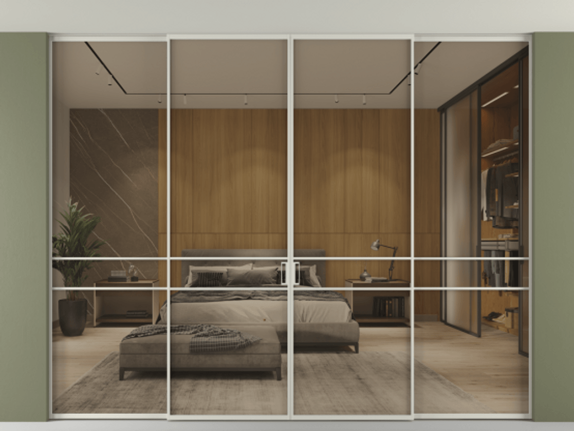 Перегородка Формато внутри проёма скрытое крепление в потолок 4 створки АЛПР 040.02 Алюминий тёплый серый Рефлективное бронзовое стекло "Стопсол", калёное Цена 3743860 AMD | Volhovec