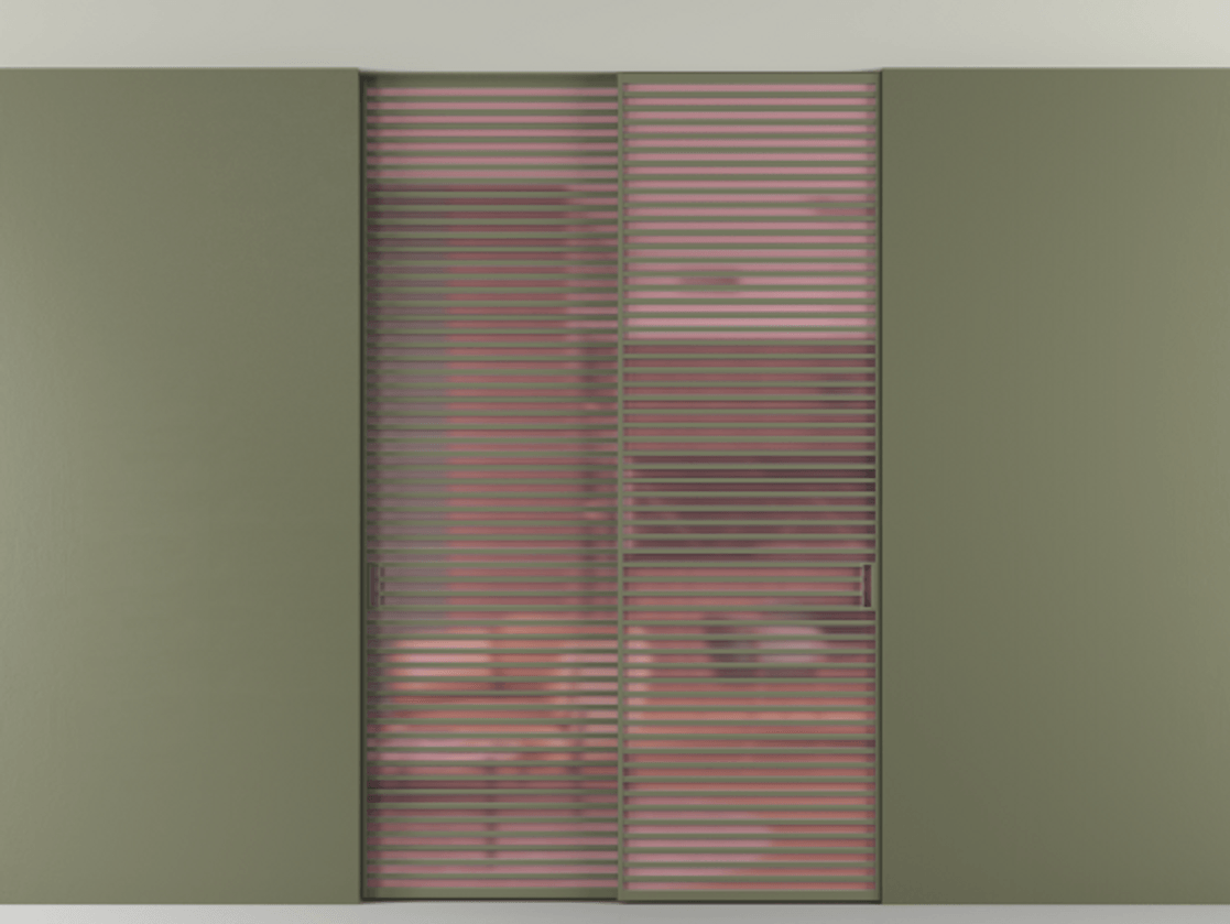 Перегородка Формато внутри проёма скрытое крепление в потолок 2 створки АЛПР 040.07 Алюминий оливковый тёмный Сатинированное розовое стекло, триплекс Цена 2764500 AMD | Volhovec