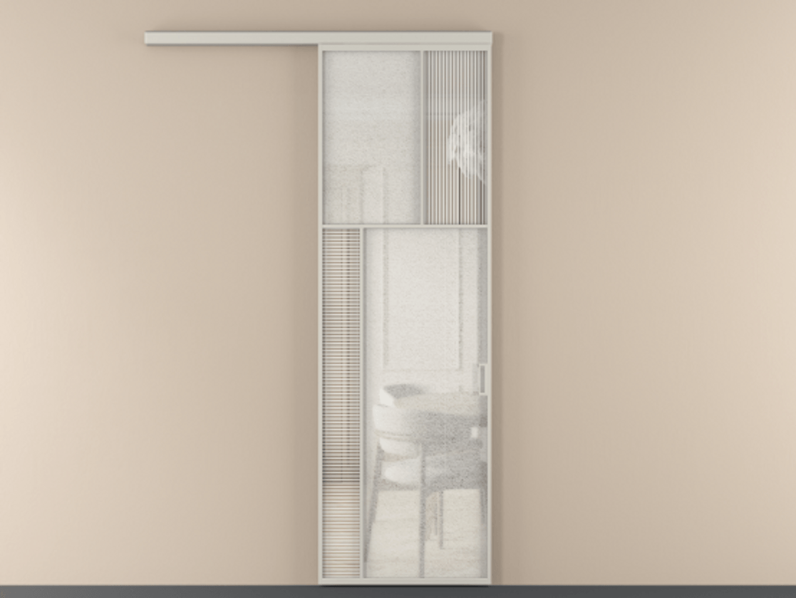 Перегородка Mosaic вдоль стены 1 створка АЛПР 041.22 Алюминий тёплый серый Рифлёное стекло "Дюна", триплекс, 6 мм + Фактурное стекло "Лёд", триплекс Цена 978080 AMD | Volhovec