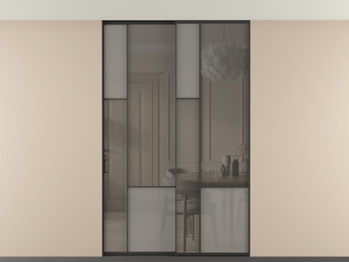 Перегородка Mosaic внутри проёма двустворчатая со скрытым креплением в потолок АЛПР 041.13 Алюминий Черный Сатинированное серое стекло, триплекс, 6 мм + Прозрачное серое стекло, триплекс, 6 мм. Скрытый короб ЧЕР Цена 2003100 AMD . Фабрика дверей Волховец 8 (800) 551 43 19  Перегородка Mosaic внутри проёма двустворчатая со скрытым креплением в потолок АЛПР 041.13 Алюминий Черный Сатинированное серое стекло, триплекс, 6 мм + Прозрачное серое стекло, триплекс, 6 мм Цена 2003100 AMD | Volhovec