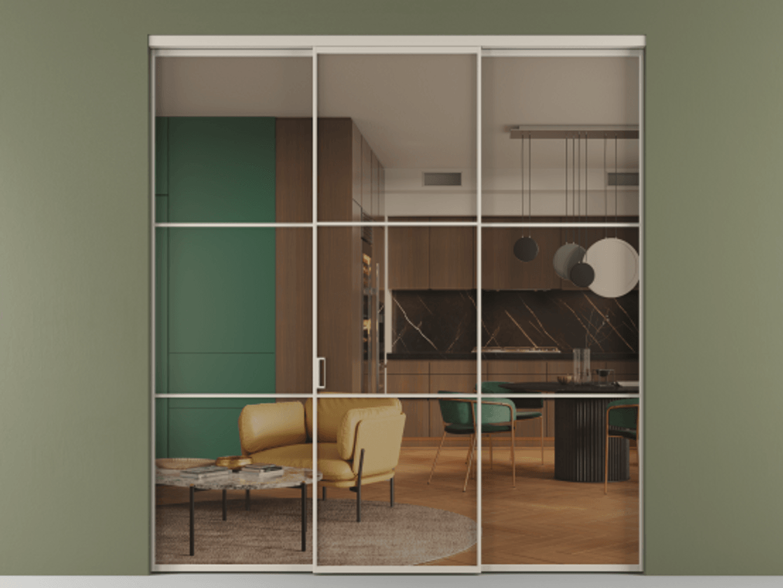 Перегородка Формато внутри проёма 3 створки АЛПР 040.03 Алюминий светло-бежевый Прозрачное бронзовое стекло, триплекс Цена 1600180 AMD | Volhovec