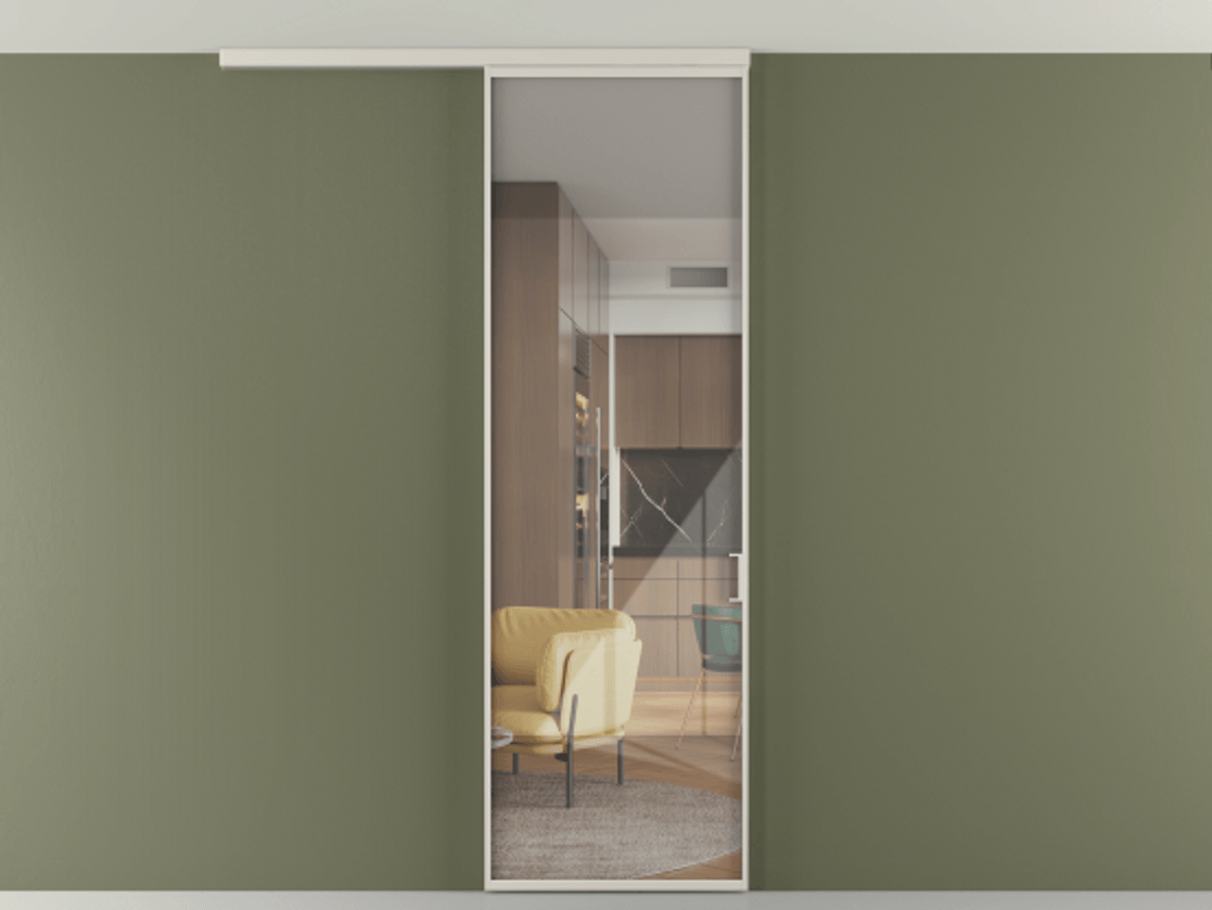 Перегородка Формато вдоль стены на потолок 1 створка АЛПР 040.01 Алюминий облачно-серый Рефлективное прозрачное стекло "Стопсол", калёное Цена 692180 AMD | Volhovec