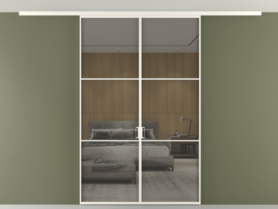 Перегородка Формато вдоль стены на потолок 2 створки АЛПР 040.03 Алюминий пудровый белый Рефлективное серое стекло "Стопсол", калёное Цена 1645000 AMD | Volhovec