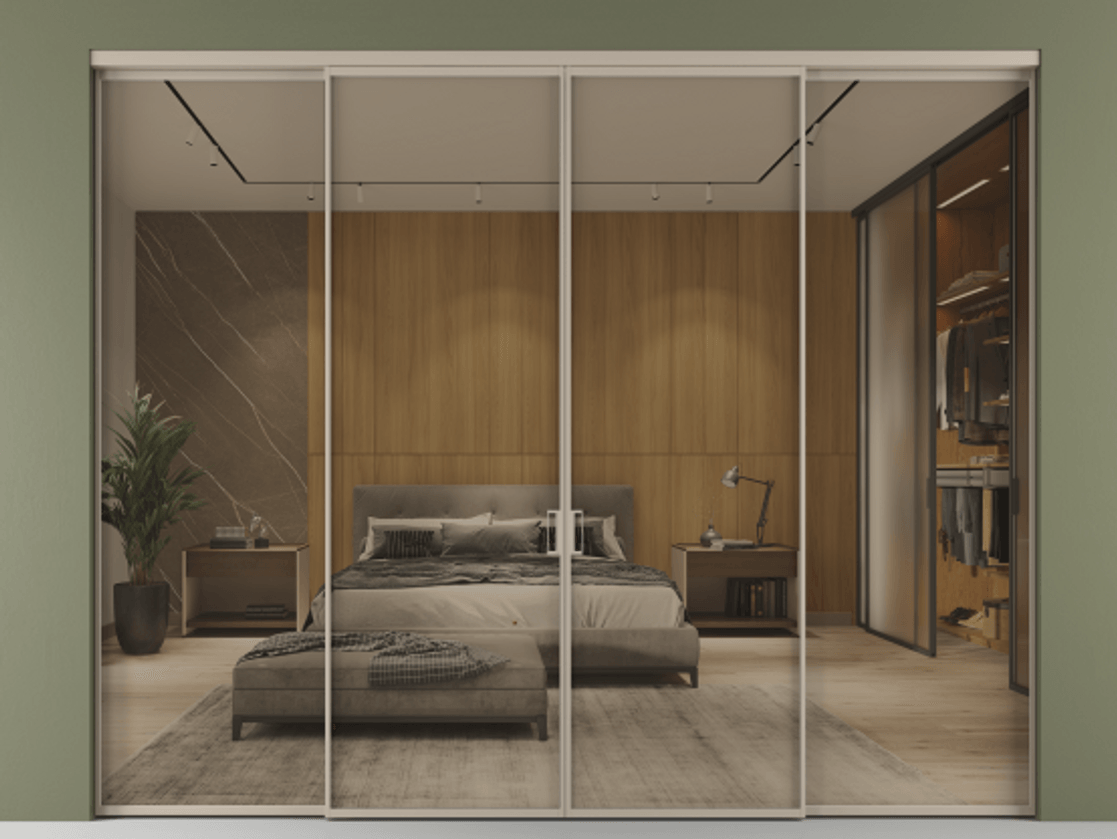 Перегородка Формато внутри проёма 4 створки АЛПР 040.01 Алюминий бисквитный Рефлективное бронзовое стекло "Стопсол", калёное Цена 2329650 AMD  | Volhovec