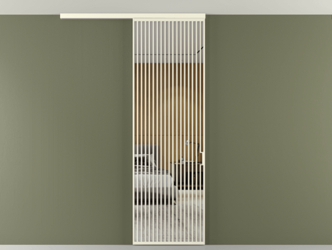 Перегородка Формато вдоль стены на потолок 1 створка АЛПР 040.06 Алюминий молочно-белый Двустороннее зеркало, триплекс , триплекс 6 мм Цена 1262670 AMD | Volhovec