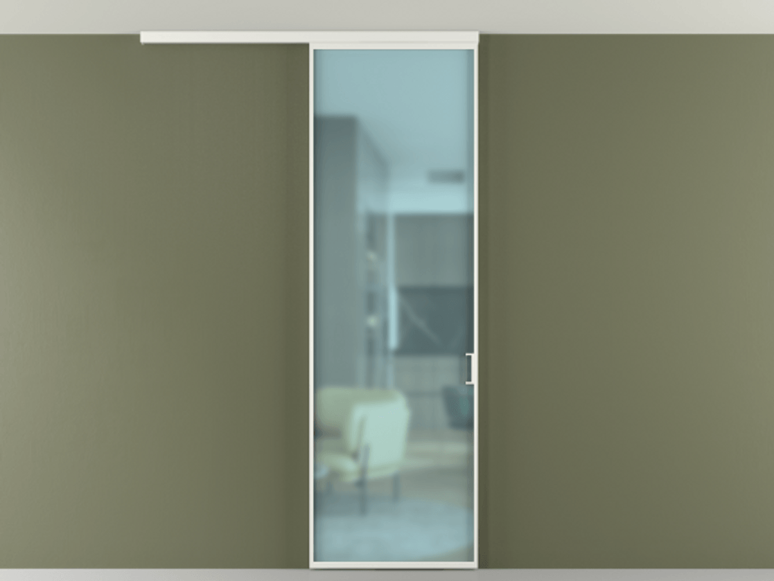 Перегородка Формато вдоль стены на потолок 1 створка АЛПР 040.01 Алюминий светло-серый Сатинированное голубое стекло, триплекс Цена 623200 AMD | Volhovec