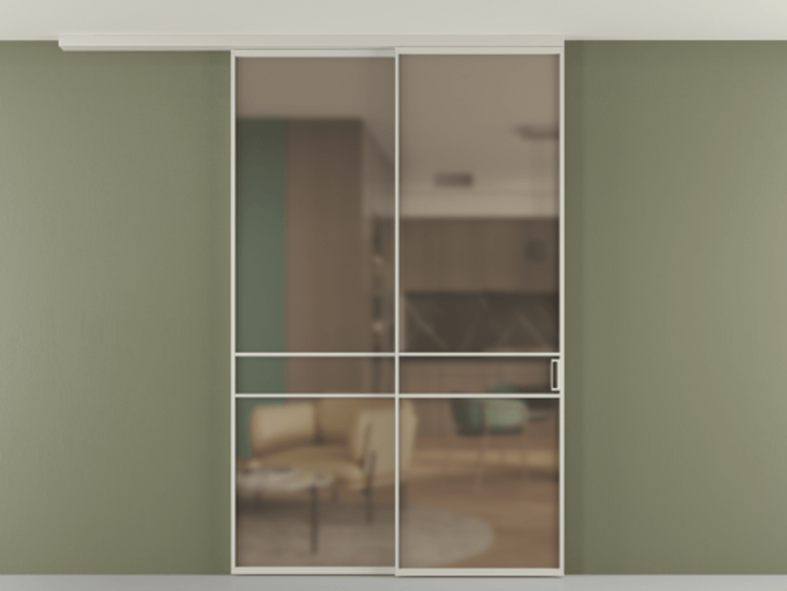 Перегородка Формато вдоль стены на потолок 2 створки с синхронным механизмом АЛПР 040.02 Алюминий тёплый серый Сатинированное бронзовое стекло, триплекс Цена 2097520 AMD | Volhovec