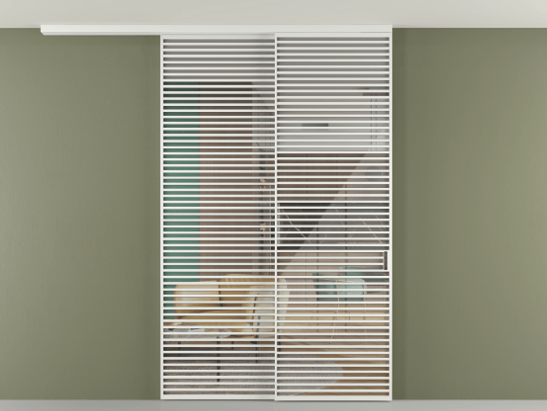 Перегородка Формато вдоль стены на потолок 2 створки с синхронным механизмом АЛПР 040.07 Алюминий белоснежный Рефлективное прозрачное стекло "Стопсол", калёное Цена 3124200 AMD | Volhovec