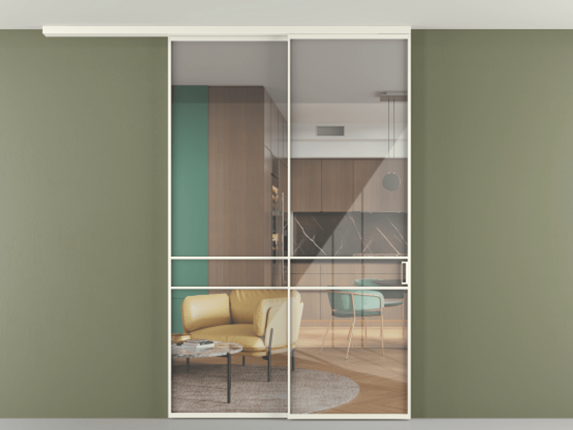 Перегородка Формато вдоль стены на потолок 2 створки с синхронным механизмом АЛПР 040.02 Алюминий жемчужный Рефлективное прозрачное стекло "Стопсол", калёное Цена 1960990 AMD | Volhovec