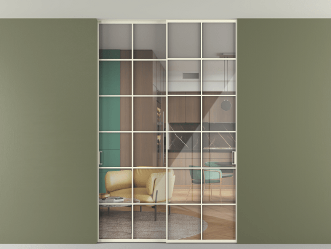 Перегородка Формато внутри проёма скрытое крепление в потолок 2 створки АЛПР 040.05 Алюминий молочно-белый Рефлективное прозрачное стекло "Стопсол", калёное Цена 2176150 AMD | Volhovec