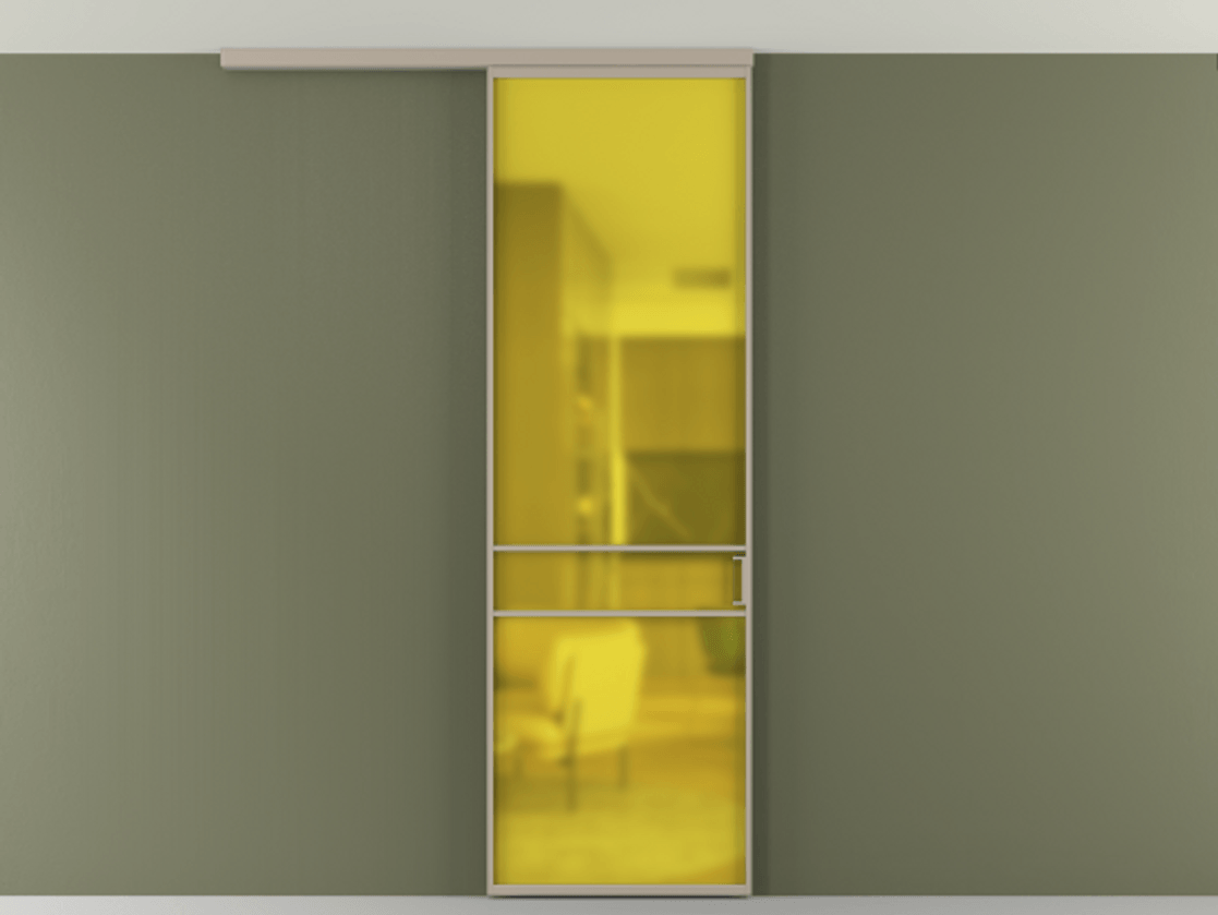 Перегородка Формато вдоль стены на потолок 1 створка АЛПР 040.02 Алюминий бисквитный Сатинированное жёлтое стекло, триплекс Цена 681100 AMD | Volhovec