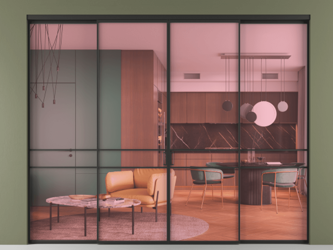 Перегородка Formato внутри проёма 4 створки АЛПР 040.02 Алюминий Черный Прозрачное розовое стекло, триплекс Цена 471740 сом  | Volhovec