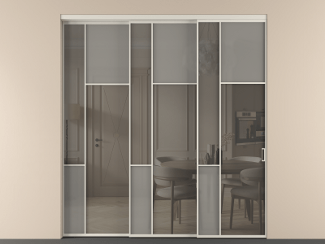 Перегородка Мозаик внутри проёма 3 створки с синхронным механизмом АЛПР 041.11 Алюминий облачно-серый Сатинированное серое стекло, триплекс, 6 мм + Прозрачное серое стекло, триплекс Цена 2949760 AMD | Volhovec