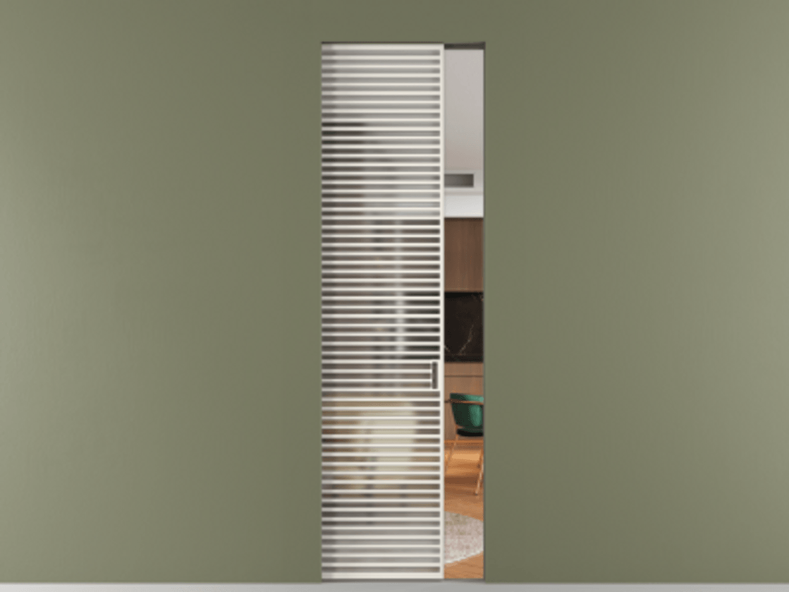 Перегородка Формато скрытый пенал 1 створка АЛПР 040.07 Алюминий пудровый белый Сатинированное стекло "Мателюкс Кристал Вижн", калёное, матовое, каленое 6 мм Цена 1619770 AMD | Volhovec