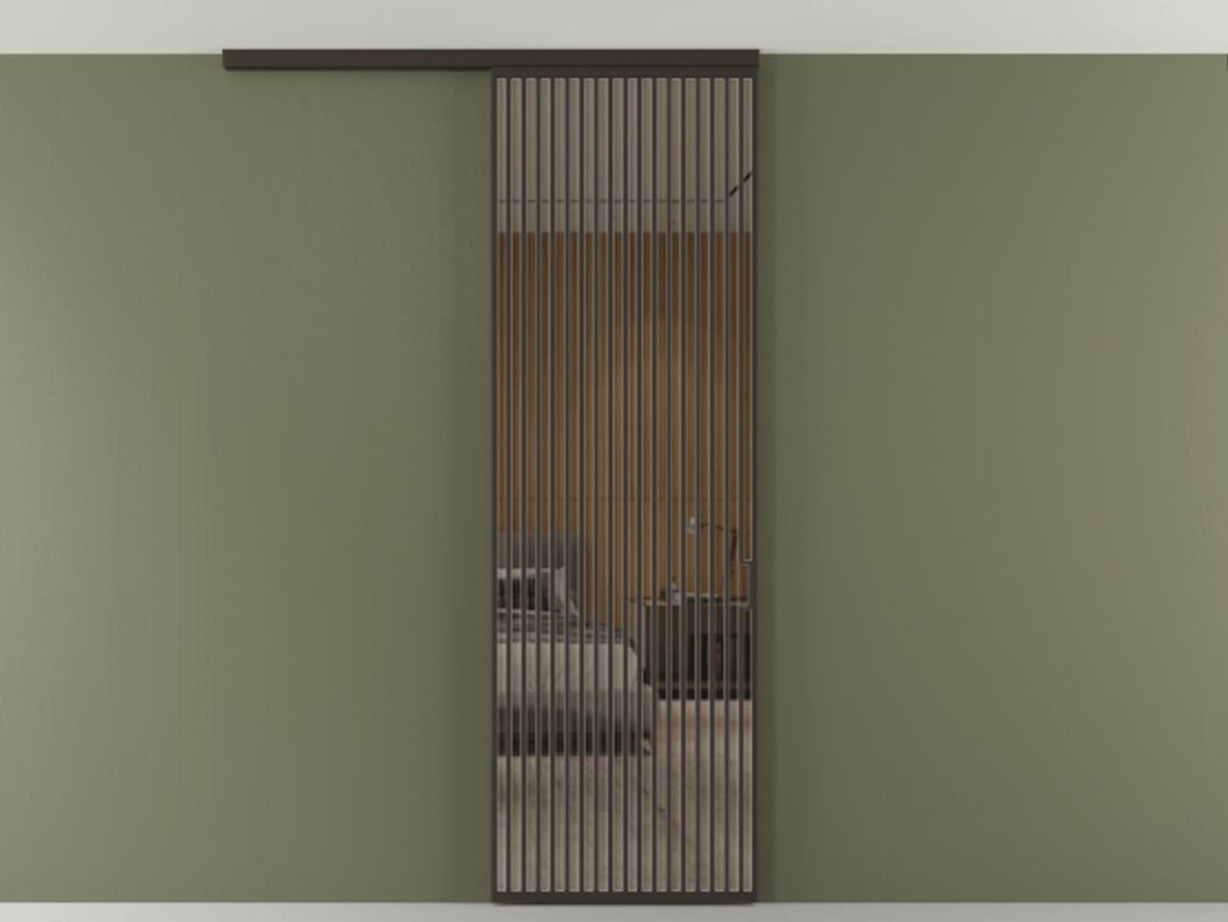 Перегородка Формато вдоль стены на потолок 1 створка АЛПР 040.06 Алюминий антрацит Рефлективное бронзовое стекло "Стопсол", калёное Цена 1305830 AMD | Volhovec