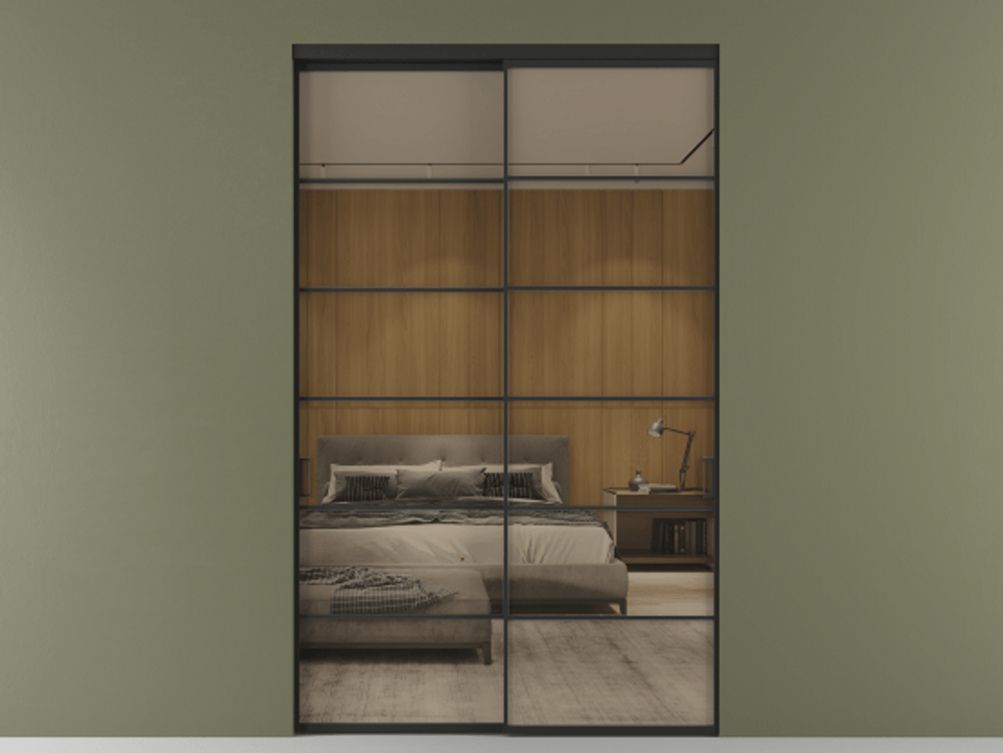 Перегородка Formato внутри проёма двустворчатая АЛПР 040.04 Алюминий Черный Рефлективное бронзовое стекло "Stopsol", калёное, 6 мм Цена 219400 ₽  | Volhovec