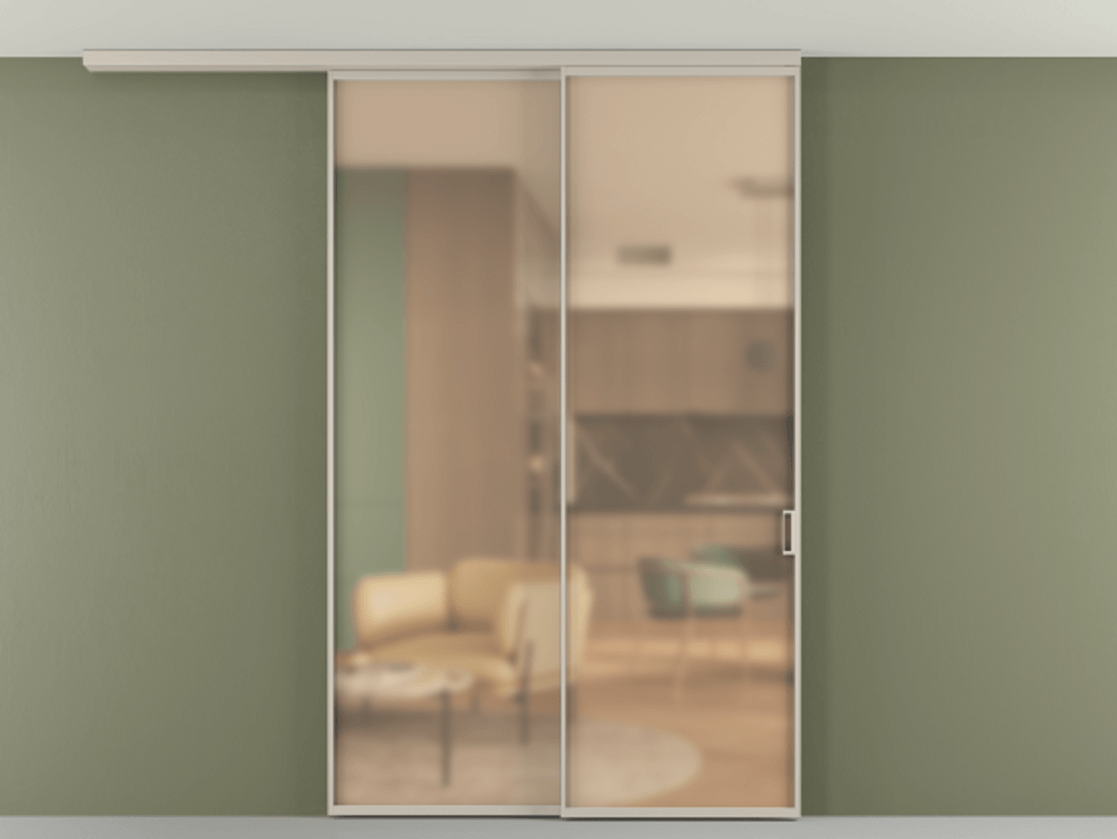 Перегородка Formato вдоль стены на потолок 2 створки с синхронным механизмом АЛПР 040.01 Алюминий светло-бежевый Сатинированное оранжевое стекло, триплекс Цена 1810600 AMD | Volhovec