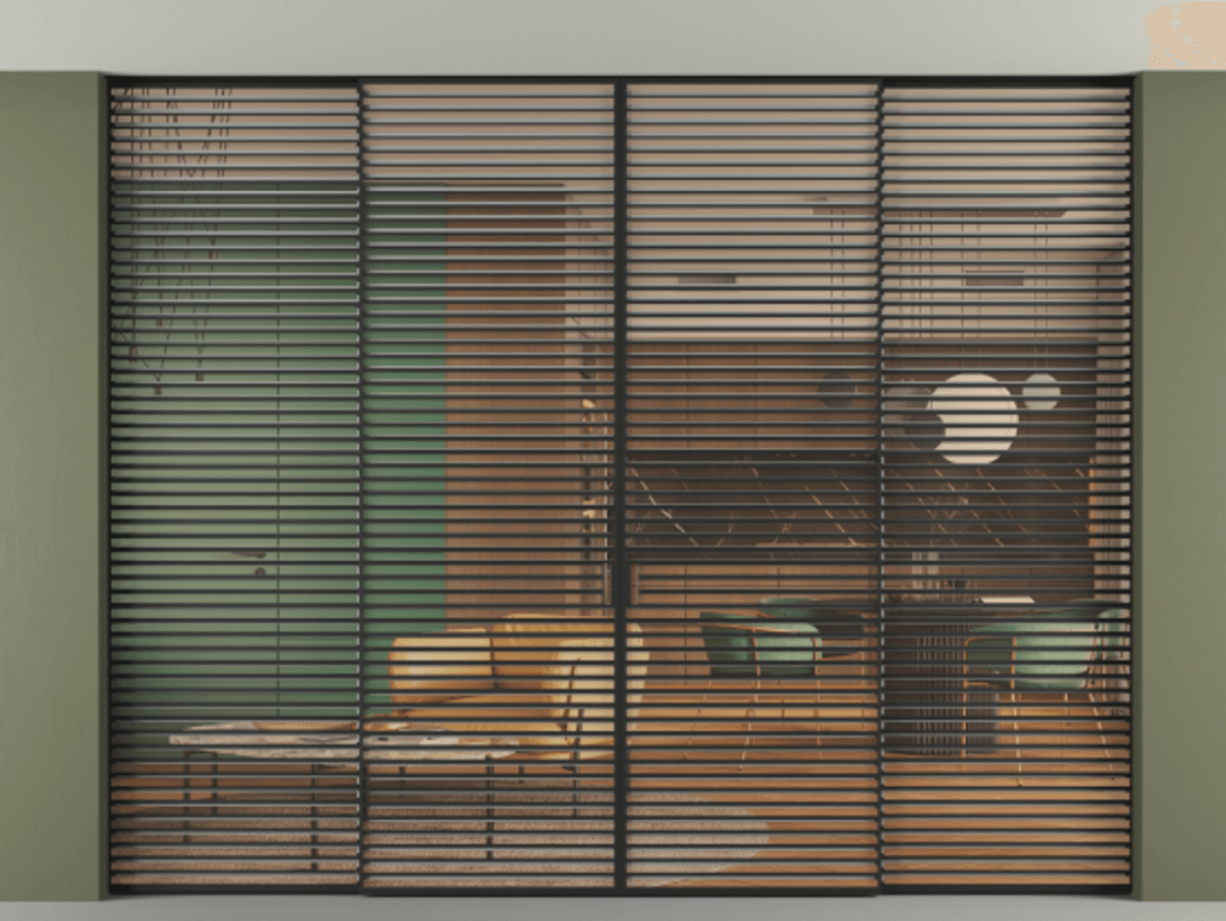 Перегородка Formato внутри проёма скрытое крепление в потолок 4 створки АЛПР 040.07 Алюминий Черный Прозрачное оранжевое стекло, триплекс Цена 772796 ₽ | Volhovec