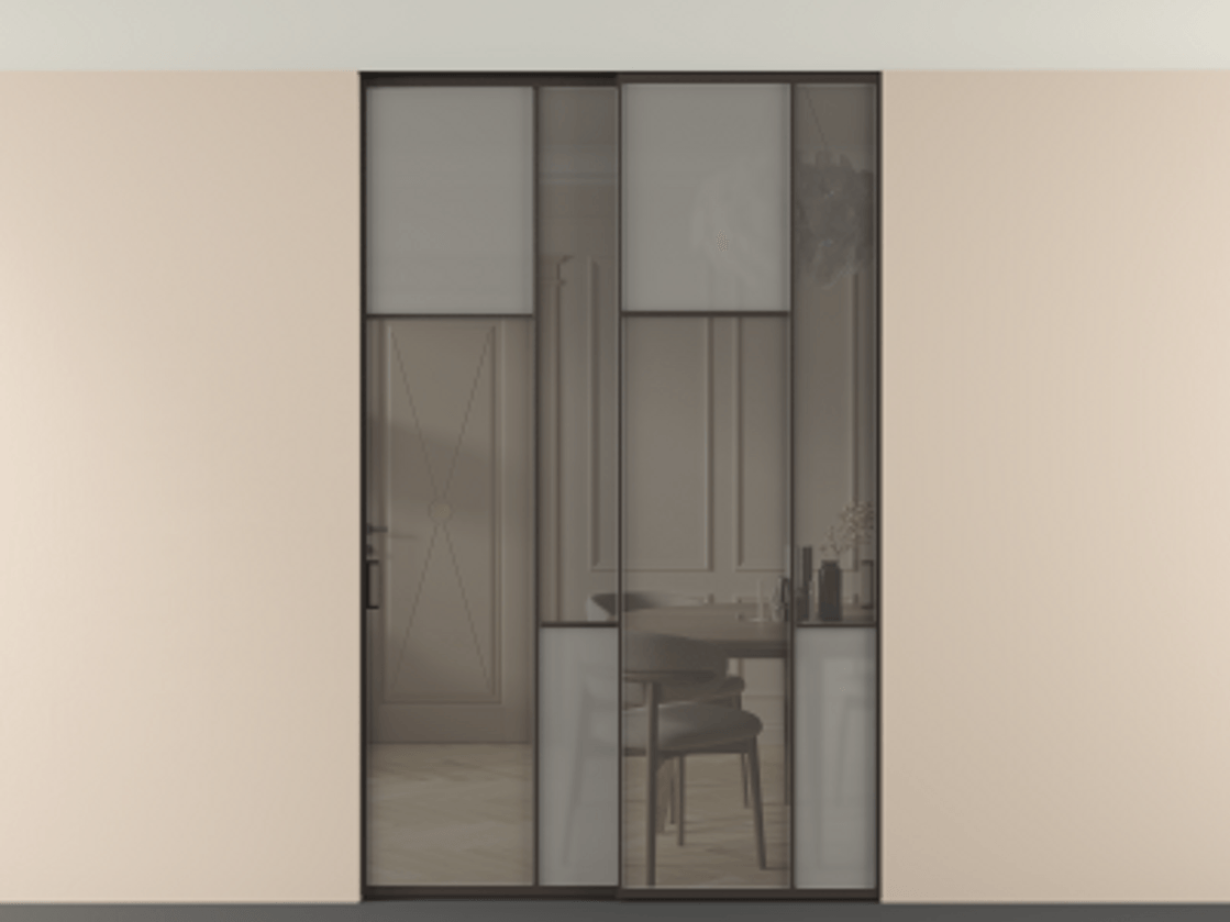 Перегородка Мозаик внутри проёма скрытое крепление в потолок 2 створки АЛПР 041.10 Алюминий антрацит Сатинированное серое стекло, триплекс, 6 мм + Прозрачное серое стекло, триплекс Цена 2188970 AMD | Volhovec