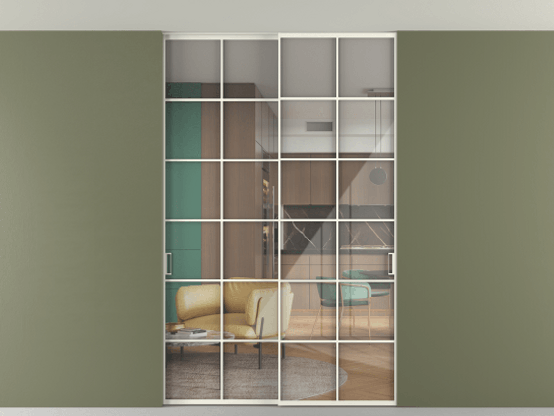 Перегородка Formato внутри проёма скрытое крепление в потолок 2 створки АЛПР 040.05 Алюминий жемчужный Рефлективное прозрачное стекло "Stopsol", калёное. Цена 2176150 AMD 1. Полотно 2 шт. (800/2100 мм)
2. Комплект установки раздвижной системы
3. Базовый комплект фурнитуры
4. Ручка RONDO. Фабрика дверей Волховец 8 (800) 551 43 19 Перегородка Formato внутри проёма скрытое крепление в потолок 2 створки АЛПР 040.05 Алюминий жемчужный Рефлективное прозрачное стекло "Stopsol", калёное Цена 2176150 AMD | Volhovec