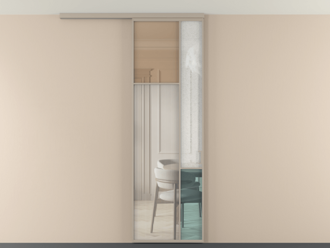 Перегородка Мозаик вдоль стены на потолок 1 створка АЛПР 041.10 Алюминий бисквитный Комбинация стекол Группы 1 и Группы 3 Цена 951200 AMD | Volhovec