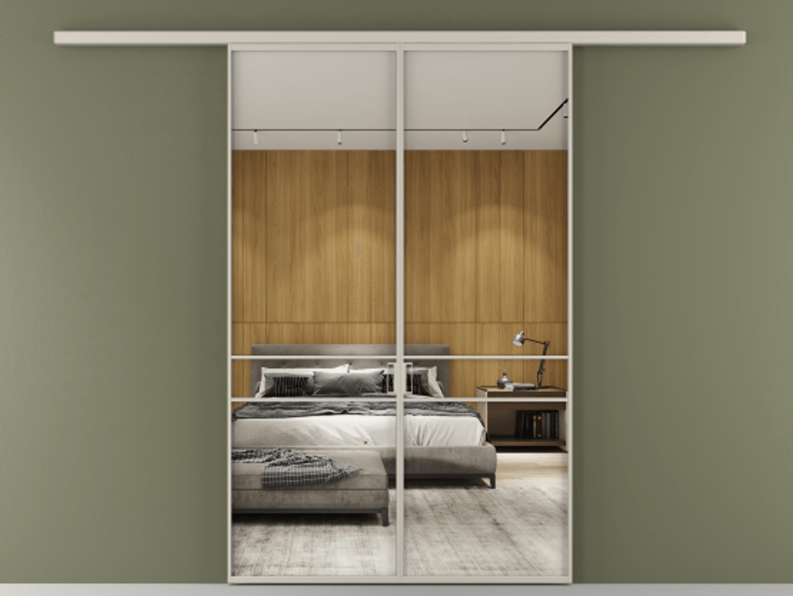 Перегородка Формато вдоль стены 2 створки АЛПР 040.02 Алюминий светло-бежевый Двустороннее зеркало, триплекс , триплекс 6 мм Цена 1318110 AMD | Volhovec