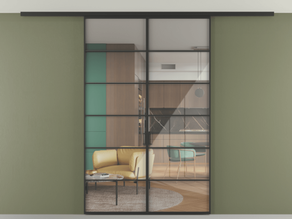 Перегородка Формато вдоль стены на потолок 2 створки АЛПР 040.04 Алюминий Черный Рефлективное прозрачное стекло "Стопсол", калёное Цена 1693960 AMD | Volhovec