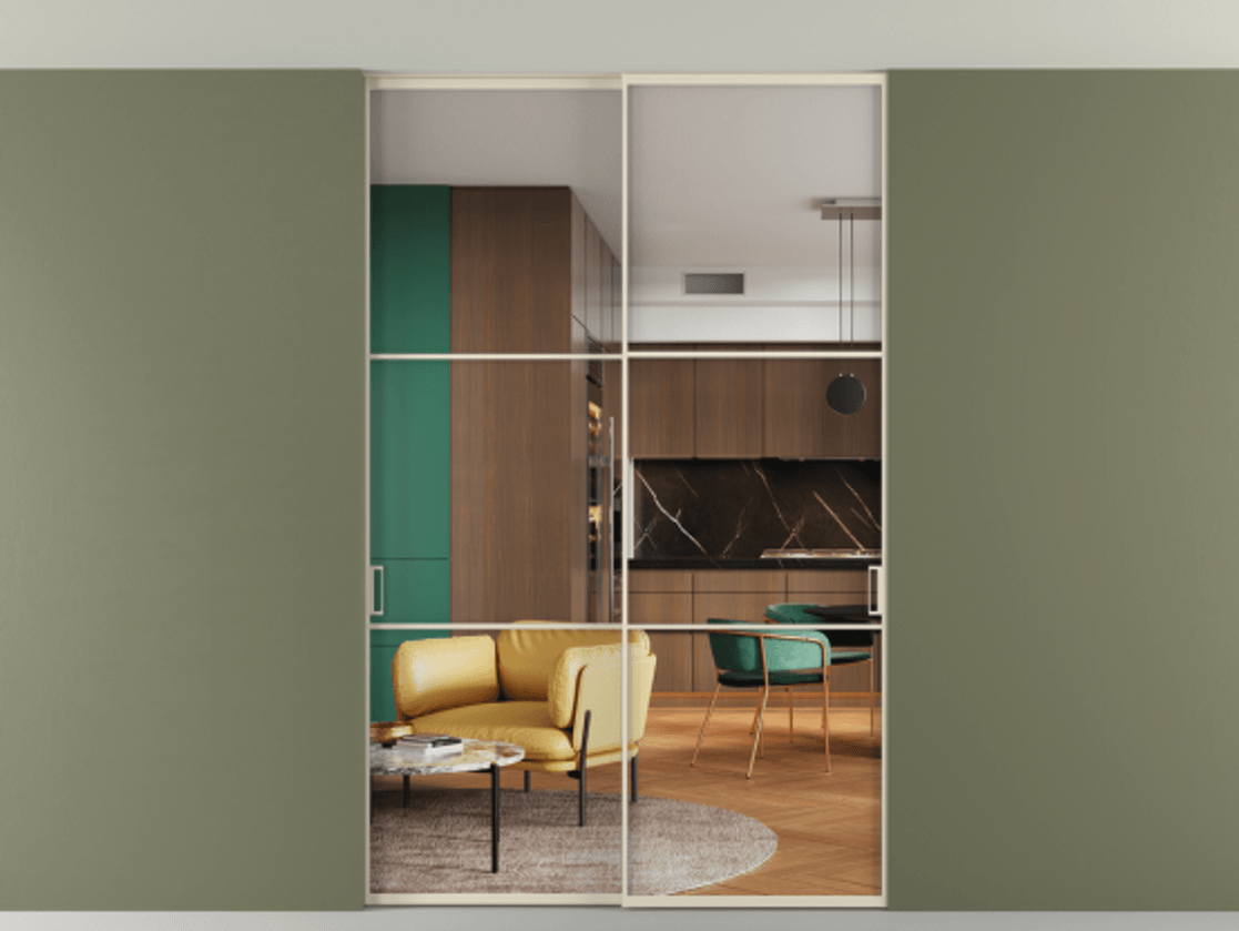 Перегородка Formato внутри проёма скрытое крепление в потолок 2 створки АЛПР 040.03 Алюминий бежево-серый Прозрачное стекло "Кристал Вижн", калёное Цена 2060430 AMD | Volhovec