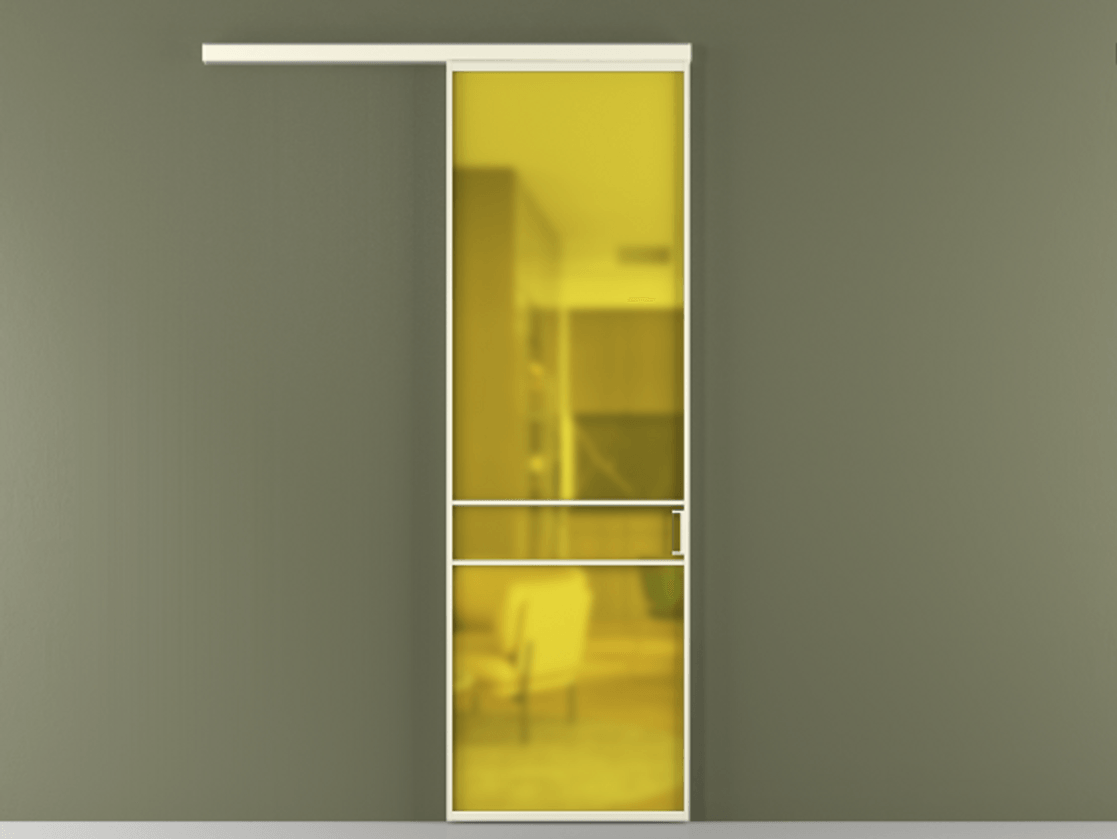 Перегородка Формато вдоль стены 1 створка АЛПР 040.02 Алюминий молочно-белый Сатинированное жёлтое стекло, триплекс Цена 715400 AMD  | Volhovec